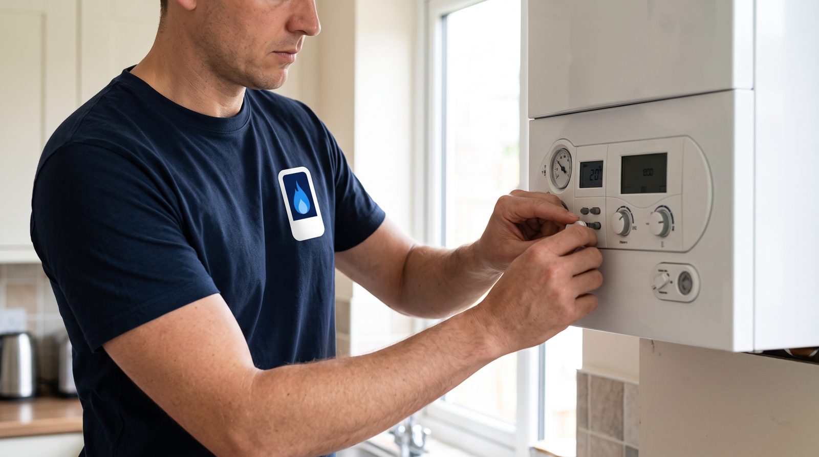 Engineer adjusting the controls on a compact combi boiler