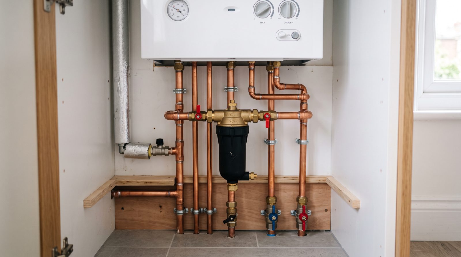 Pipework and magnetic filter beneath a new combi boiler