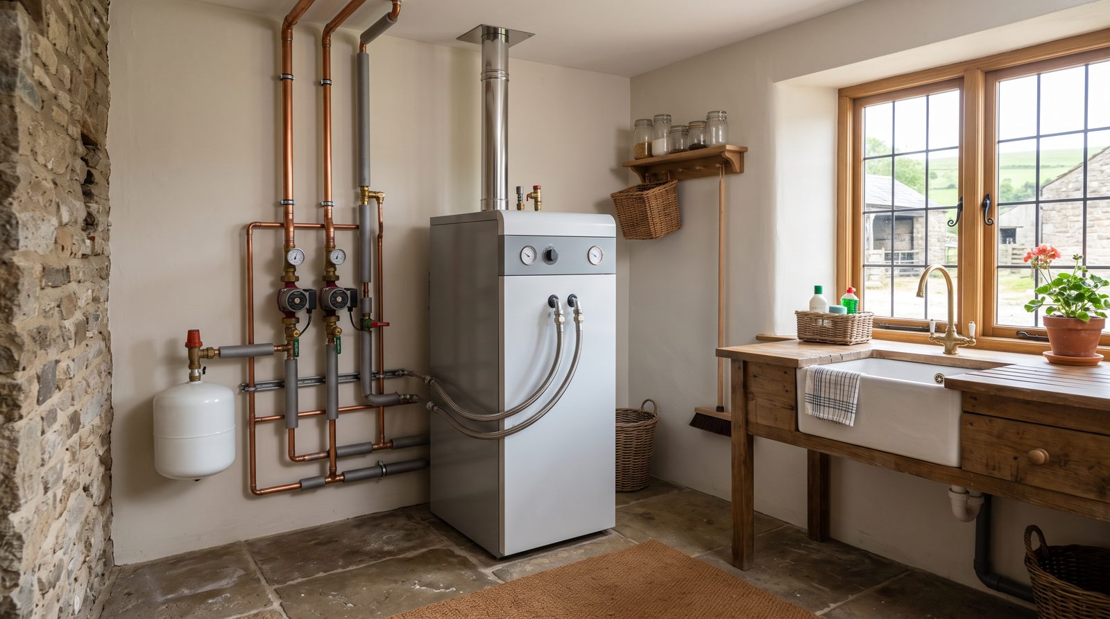 Modern floor-standing oil boiler in a farmhouse utility room