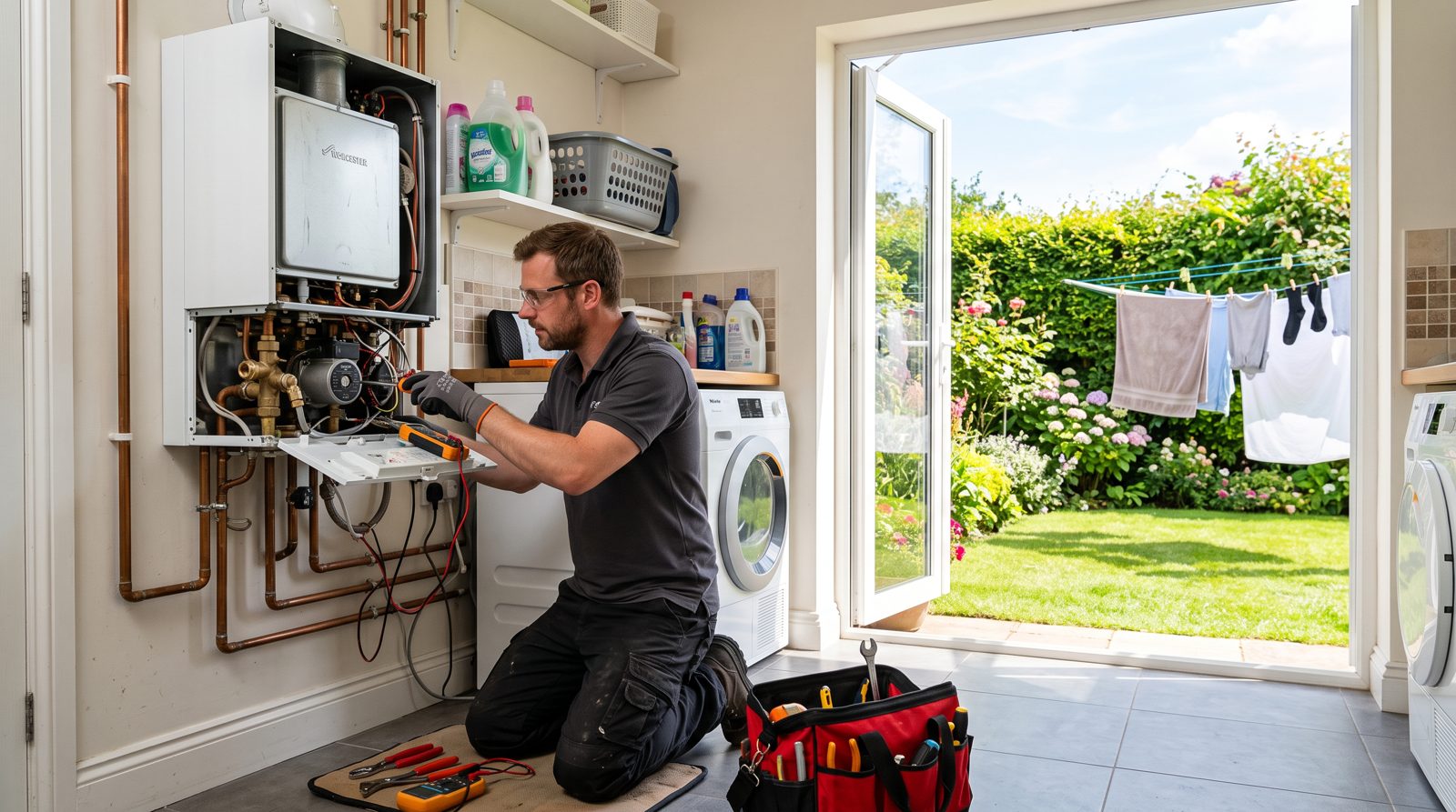 Boiler being installed on a summer day with the garden door open