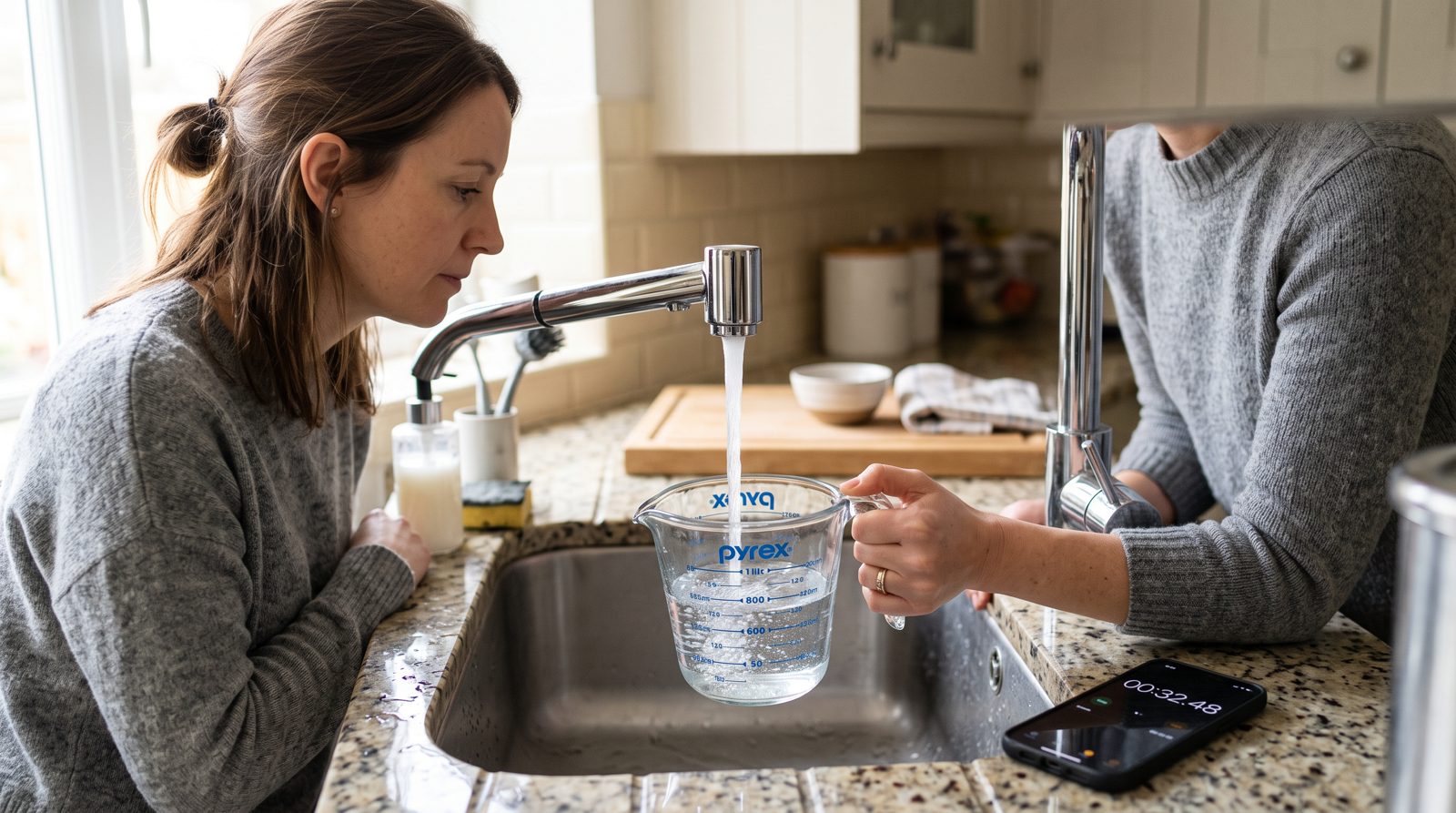 Measuring mains water flow rate at the kitchen tap