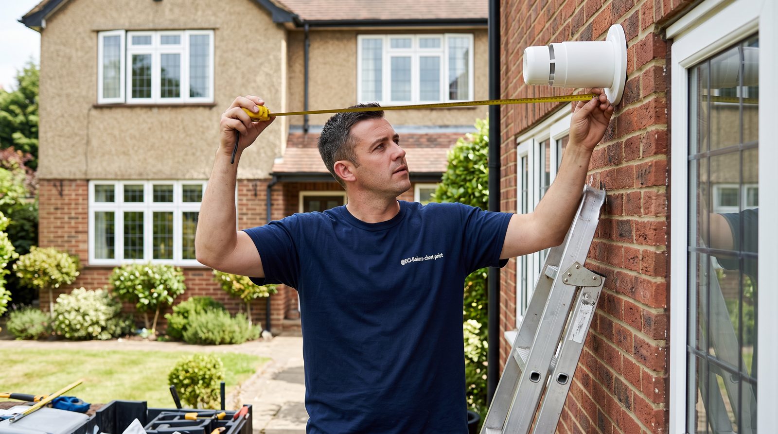 Engineer measuring flue terminal clearance from a window