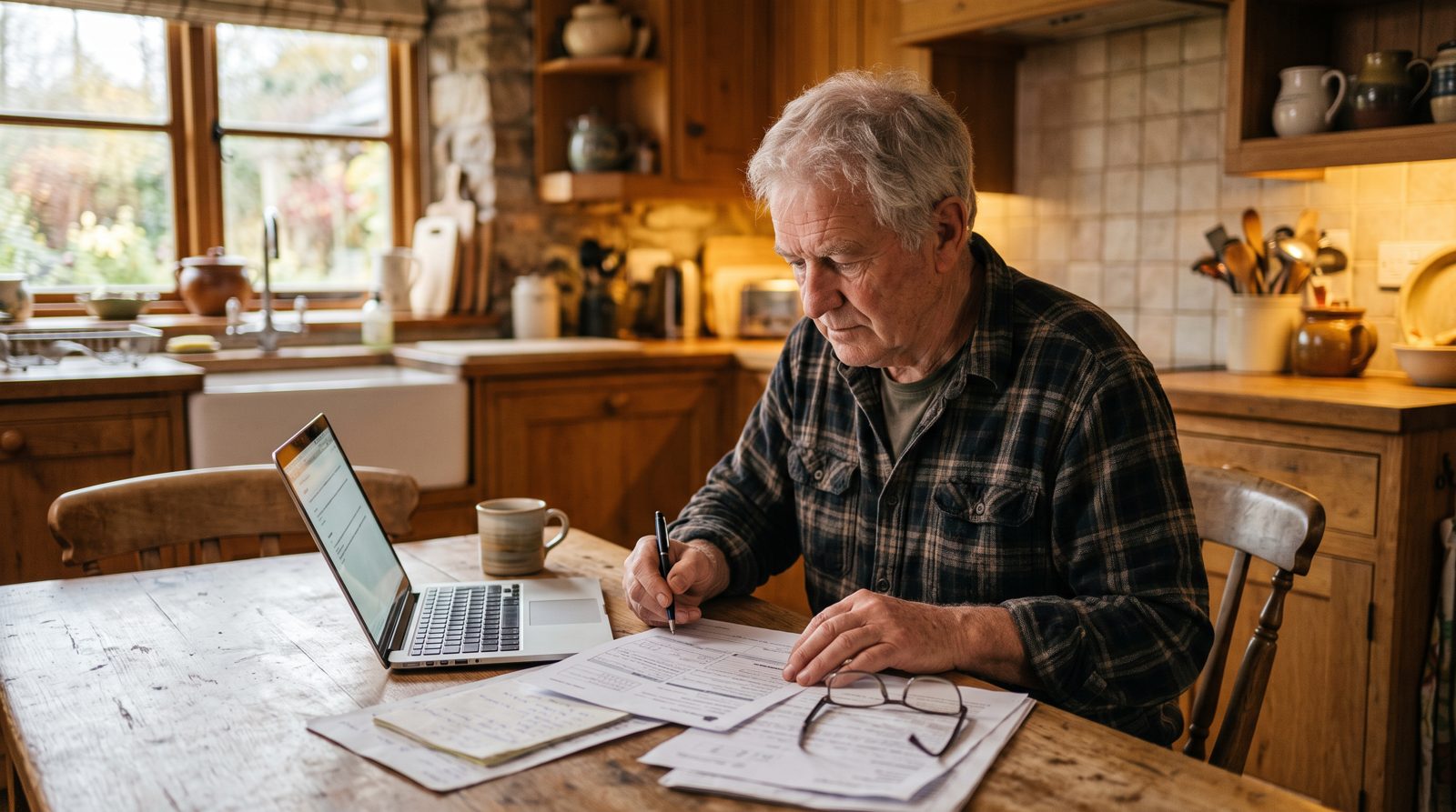 Homeowner considering a grant application at the kitchen table