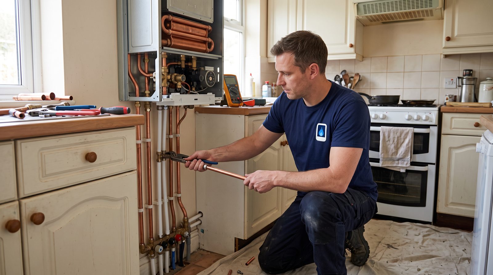 Engineer installing a new boiler in a terraced house kitchen