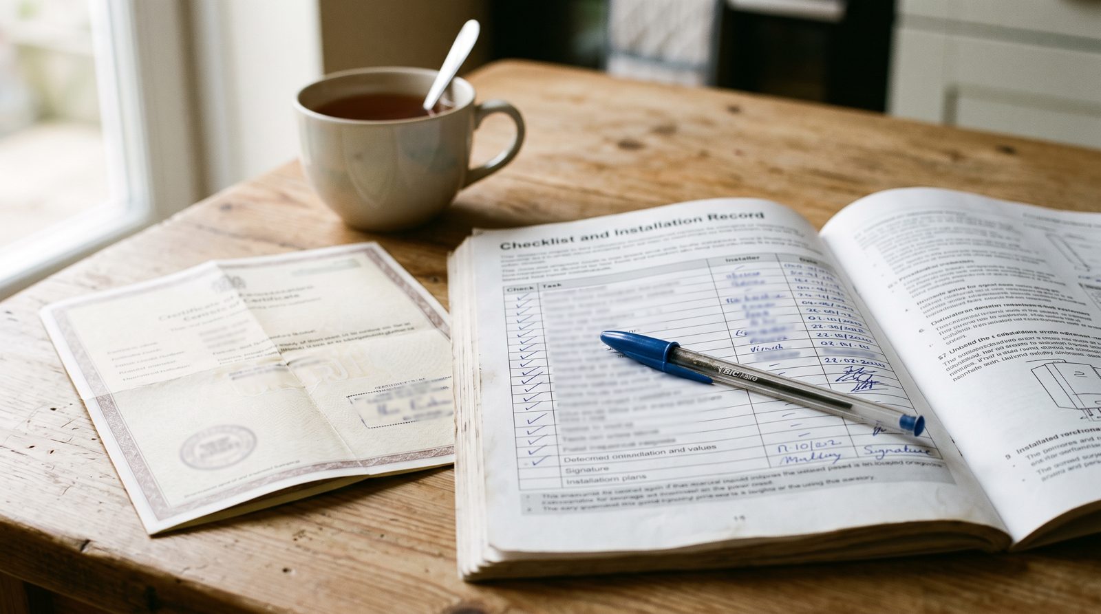 Boiler paperwork including the Benchmark checklist and compliance certificate