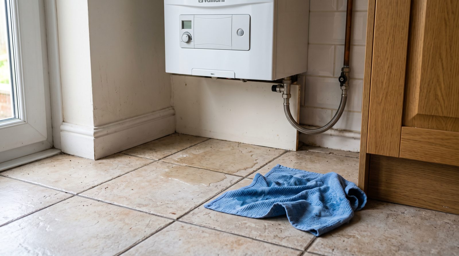 Water pooling on the floor beneath a wall-hung boiler