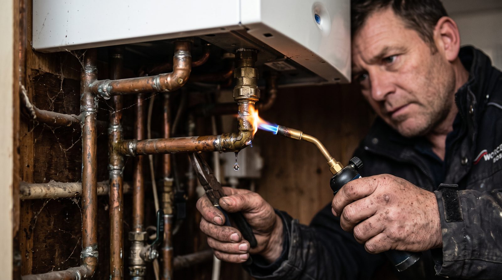Engineer's torch lighting a drip from a pipe joint under a boiler