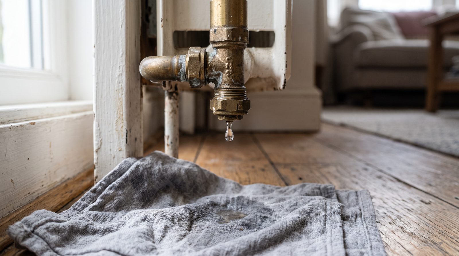 Small drip from a radiator valve joint, a common cause of pressure loss