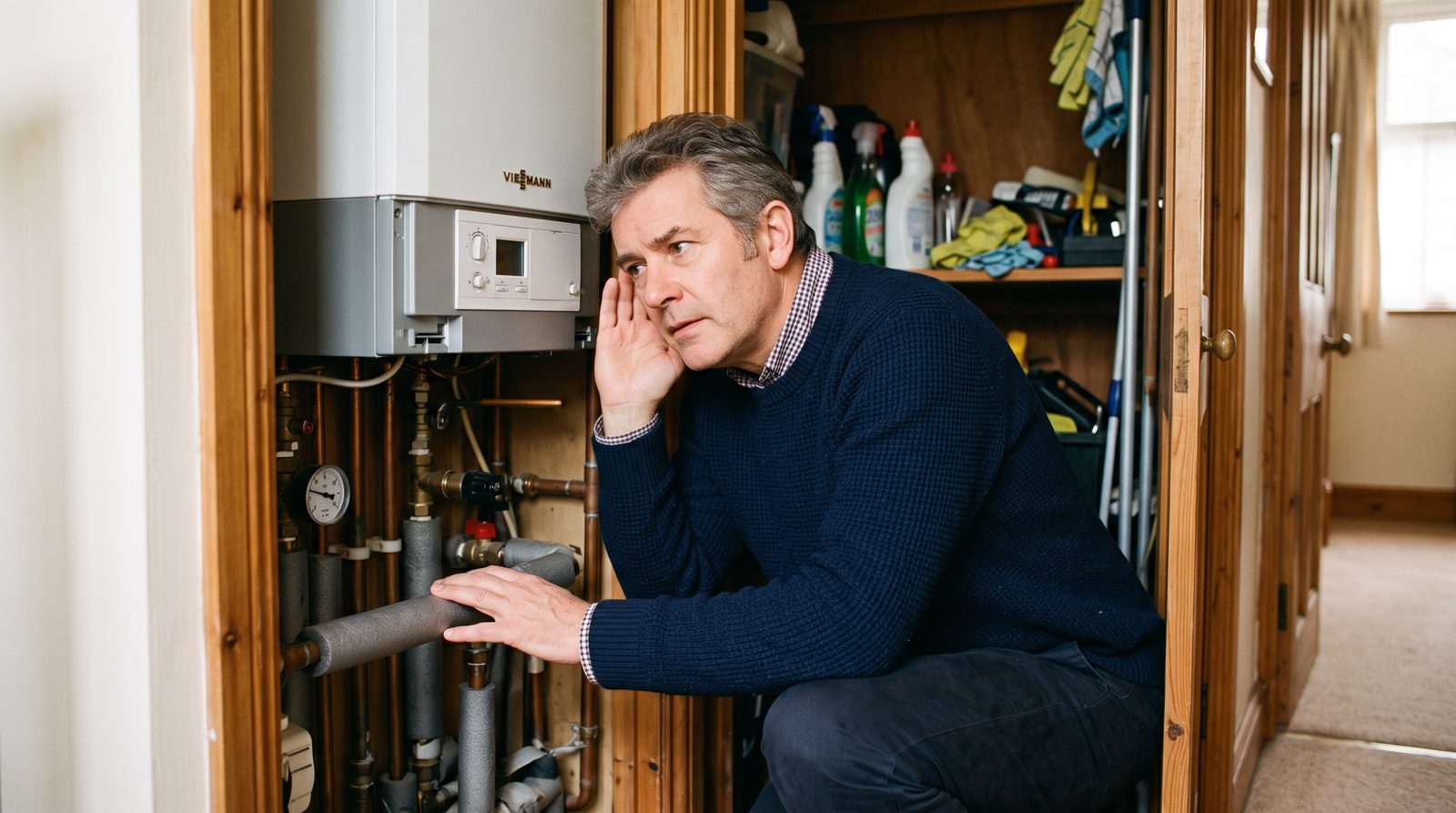 Homeowner listening to an unusual noise from a boiler