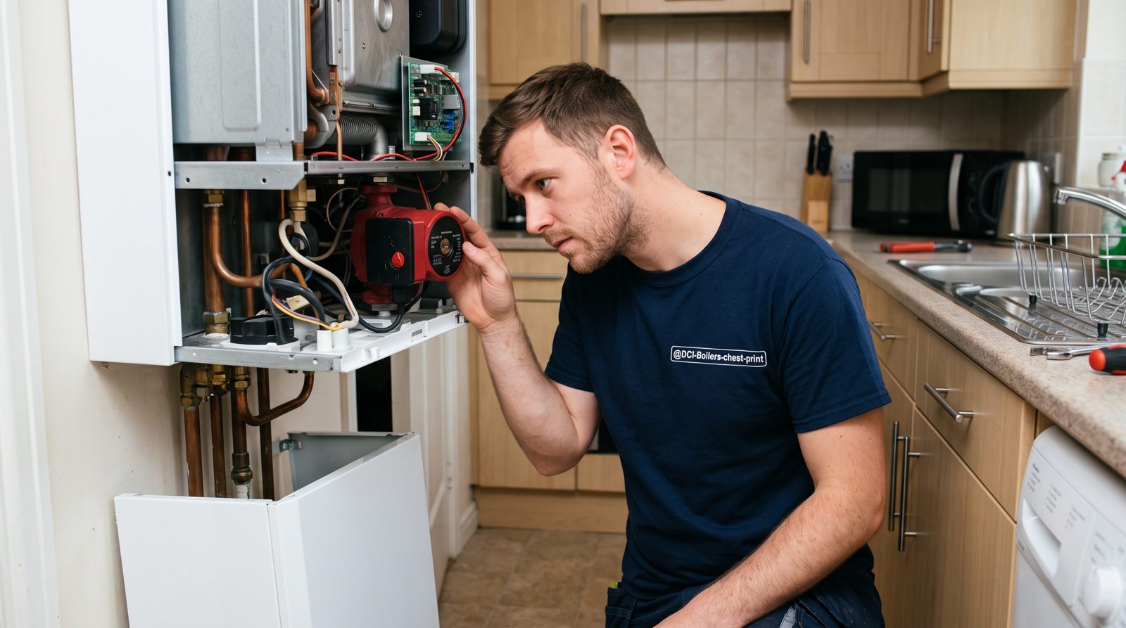 Engineer diagnosing a boiler noise with the cover removed