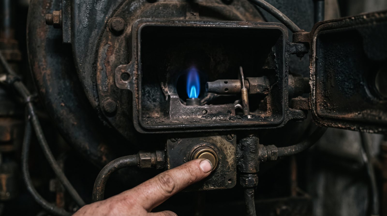 Blue flame visible through a boiler inspection window