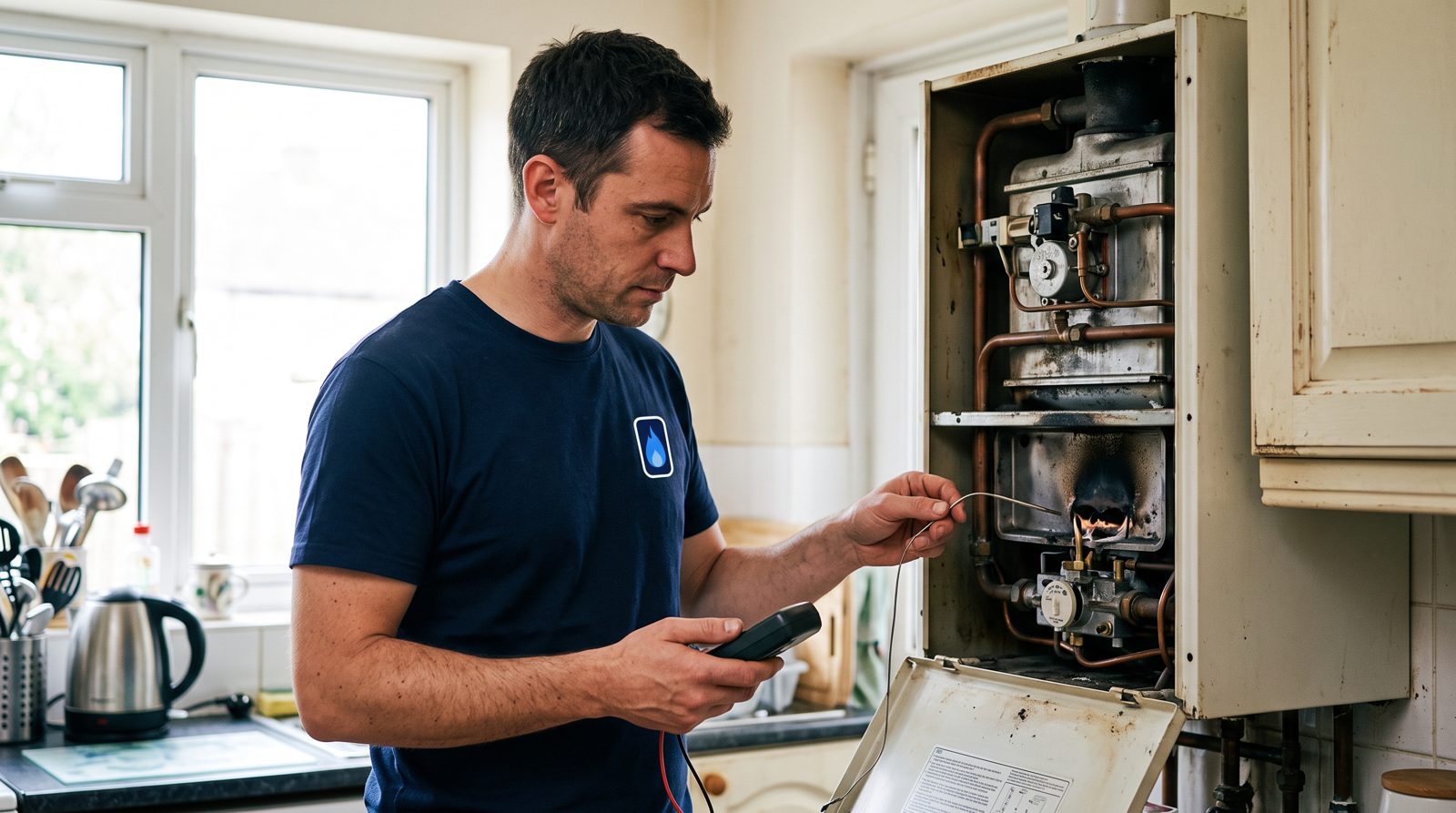 Engineer replacing a thermocouple on an older pilot light boiler