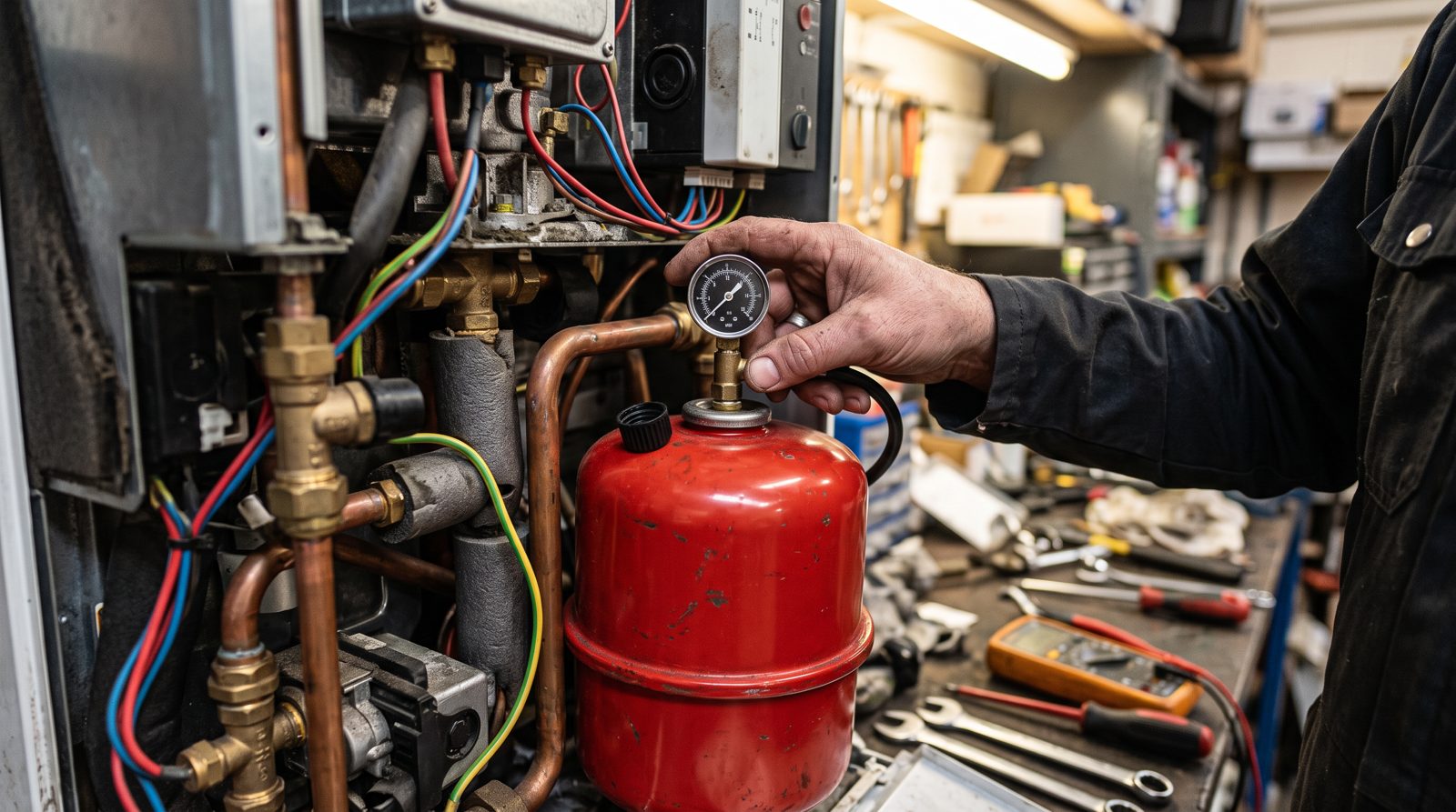 Engineer checking the charge on a boiler's expansion vessel