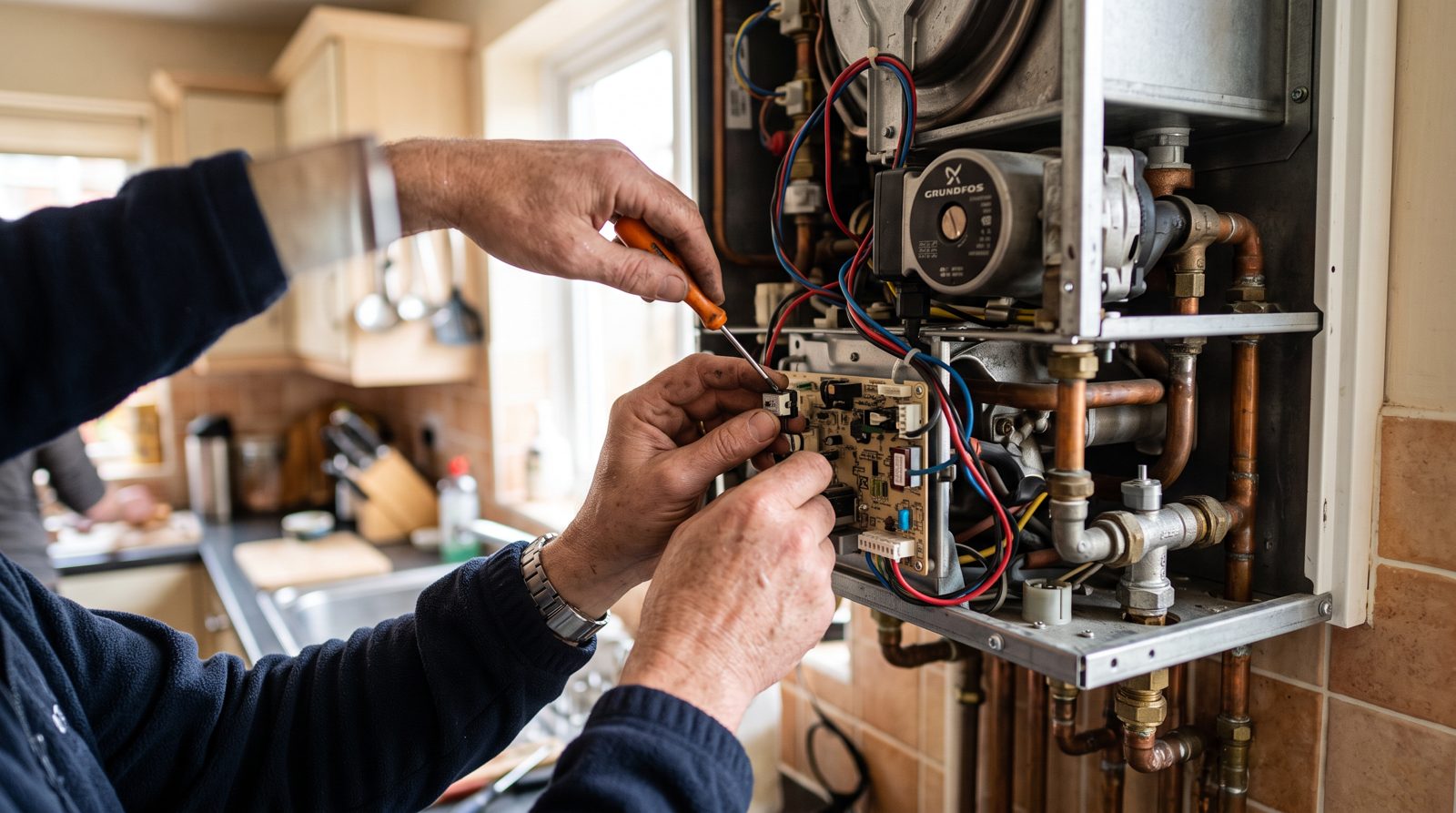 Engineer replacing a component inside a gas boiler