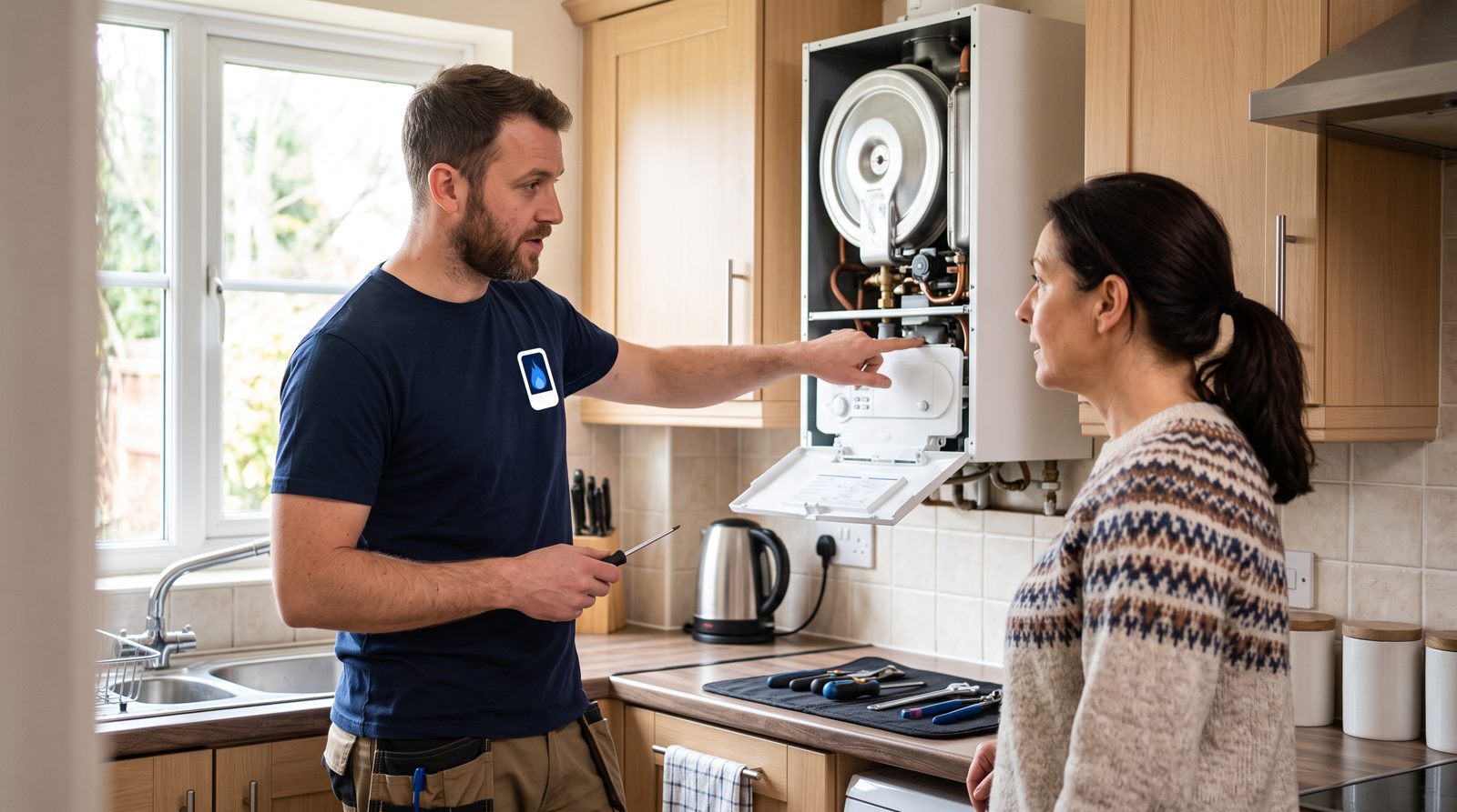Engineer explaining a boiler repair to a homeowner