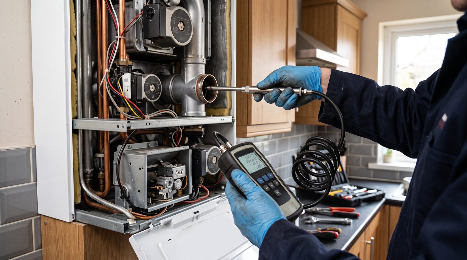 Flue gas analyser test during a boiler service