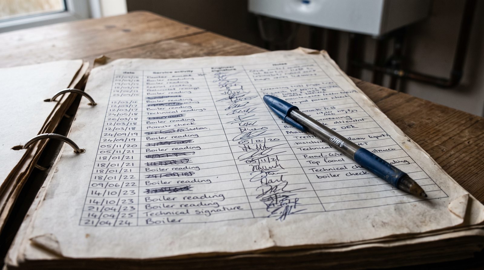 Boiler service record page with years of dated entries