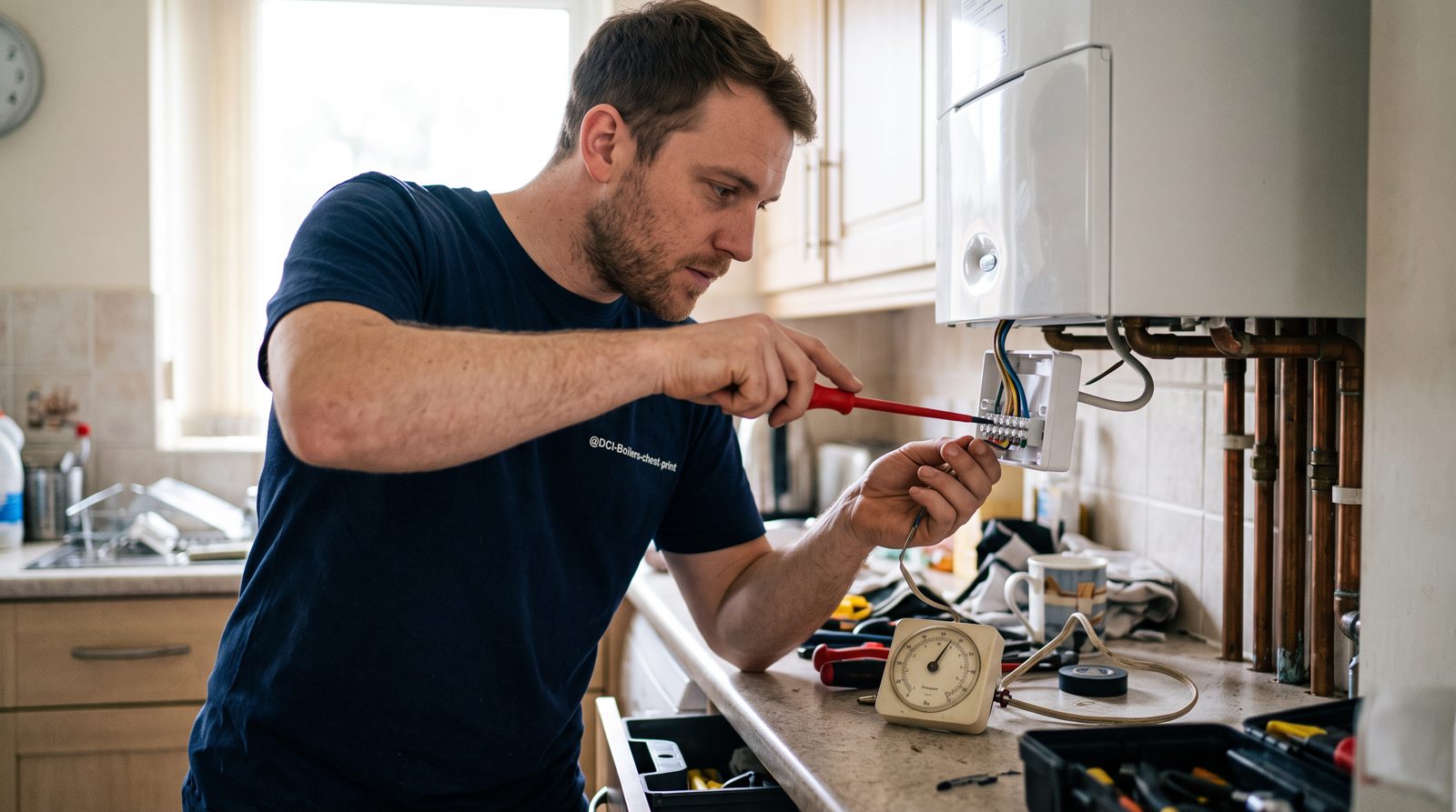 Engineer fitting a replacement thermostat receiver at the boiler