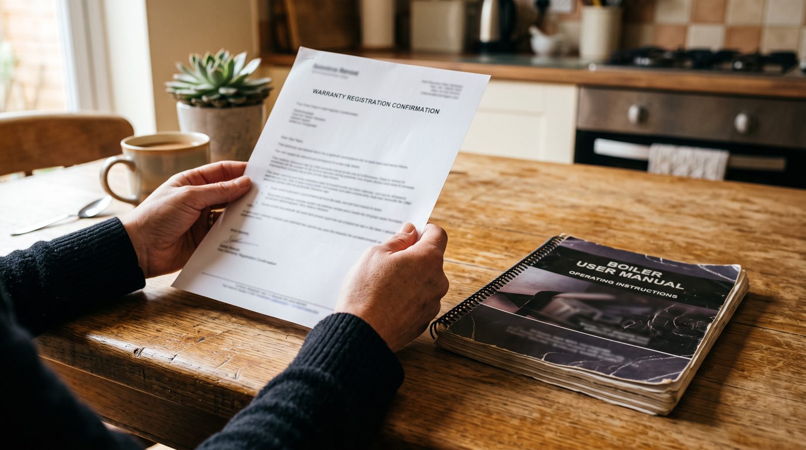 Warranty registration confirmation beside a boiler manual