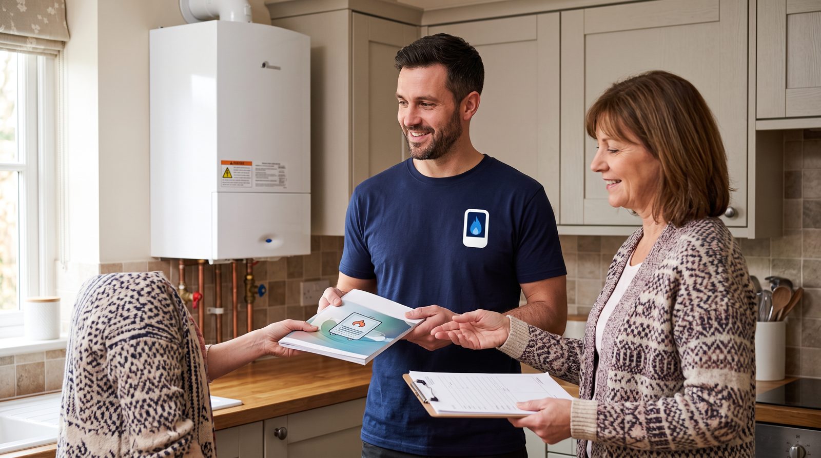 Engineer handing over the manual and paperwork for a new boiler