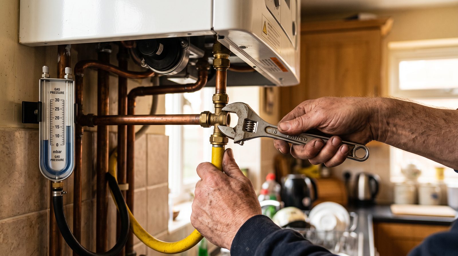 Registered engineer connecting the gas supply to a new boiler