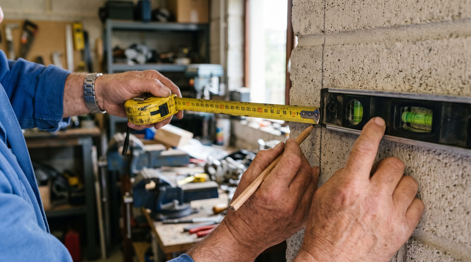 Engineer measuring a garage wall for a relocated boiler