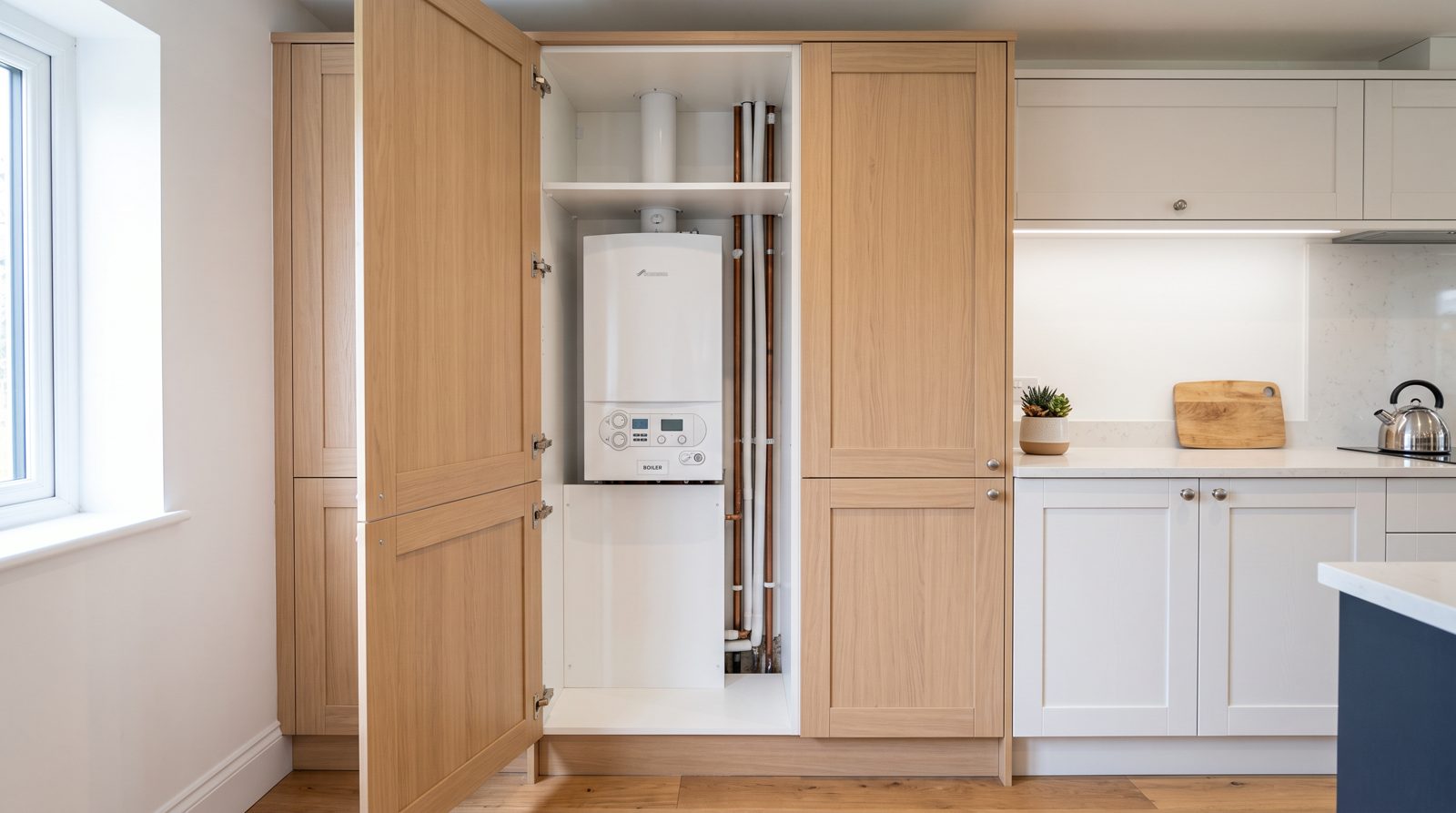 A relocated boiler installed inside a kitchen cupboard