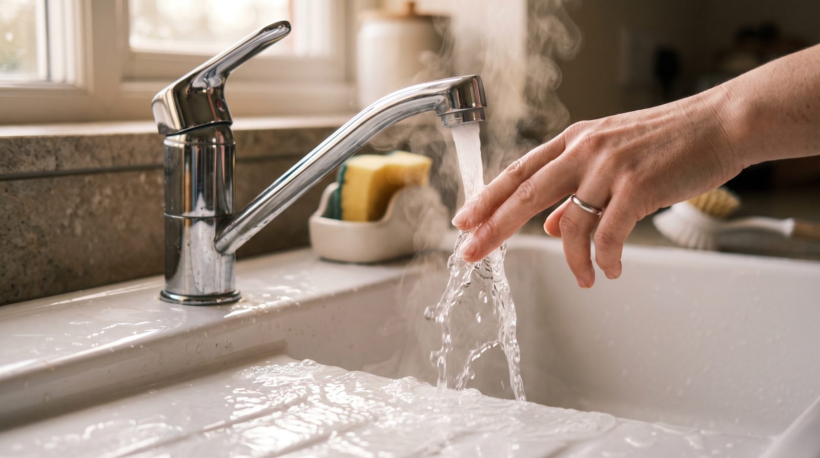 Testing hot water temperature from a combi boiler at a bath tap