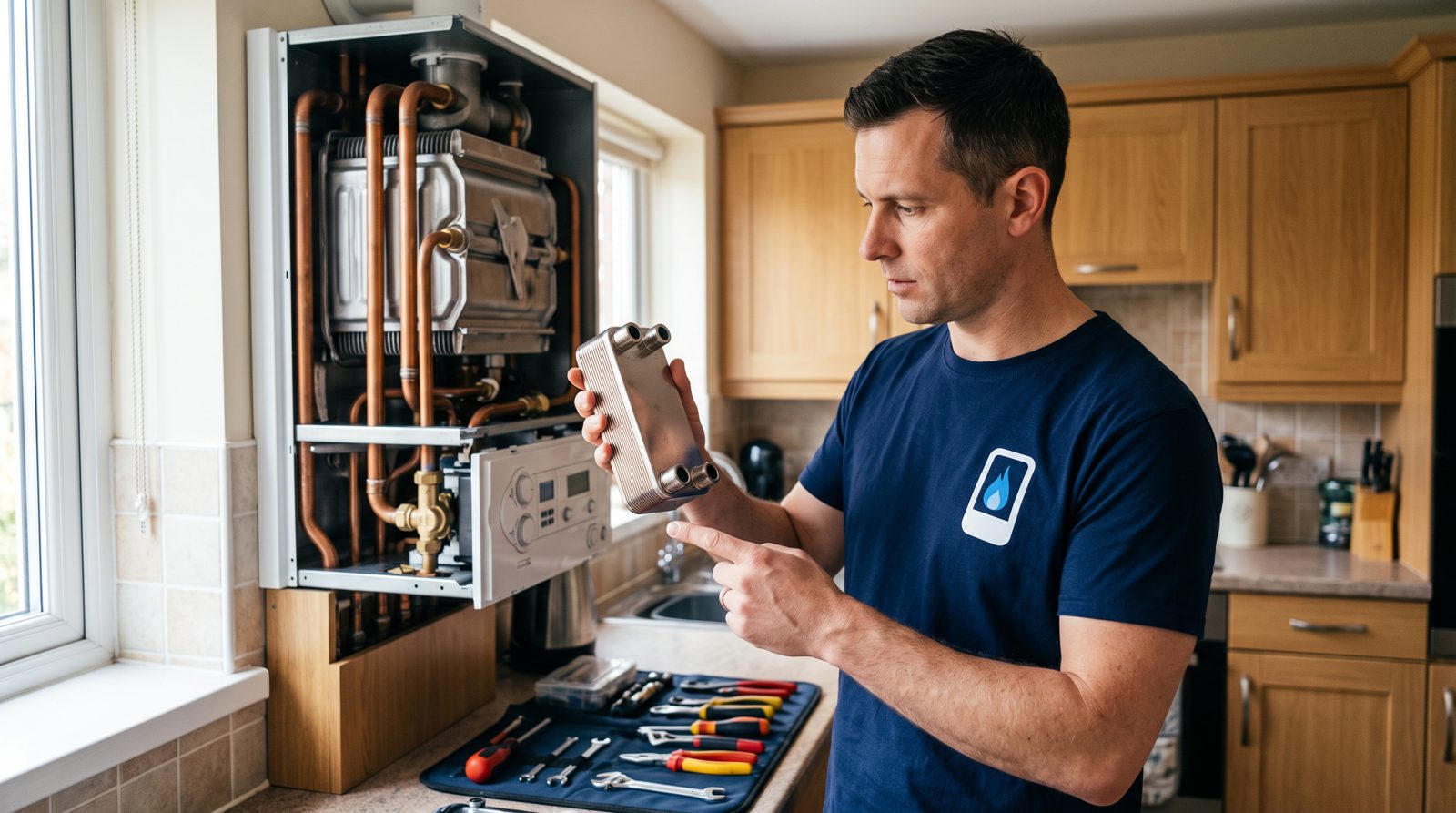 Engineer replacing a scaled plate heat exchanger in a combi boiler