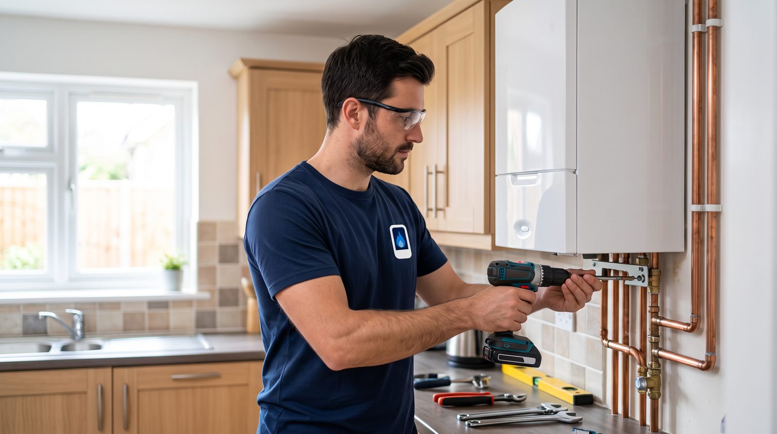 Engineer mounting a compact combi boiler in a kitchen