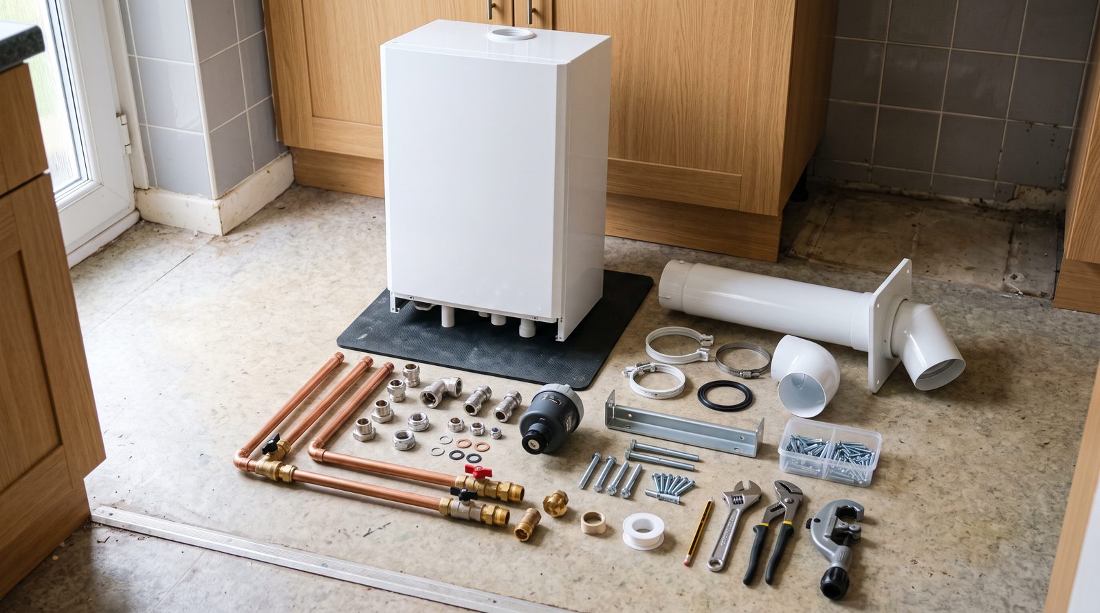 Combi boiler with flue kit and controls laid out before installation