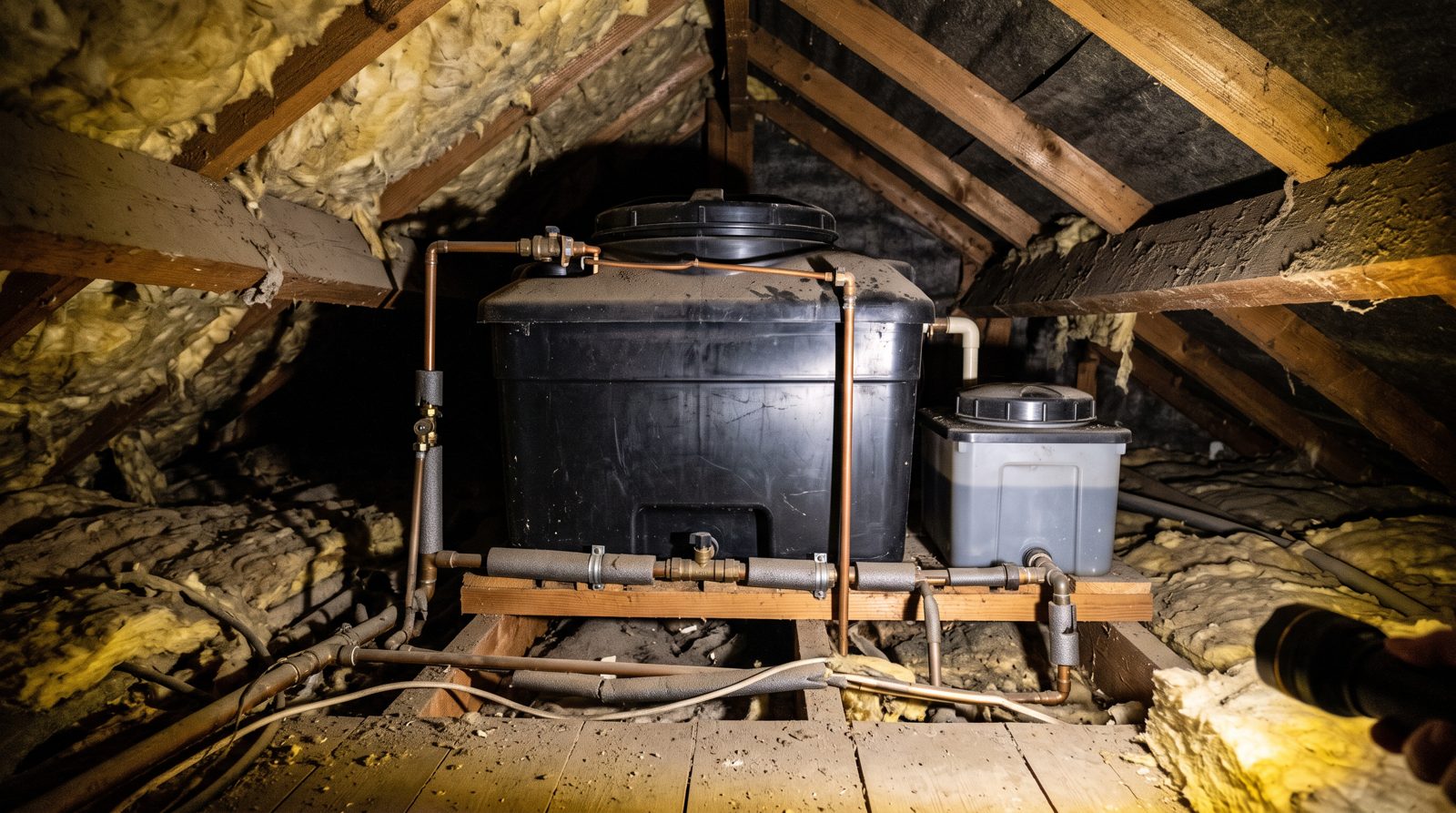 Cold water and feed tanks in a loft on a conventional system