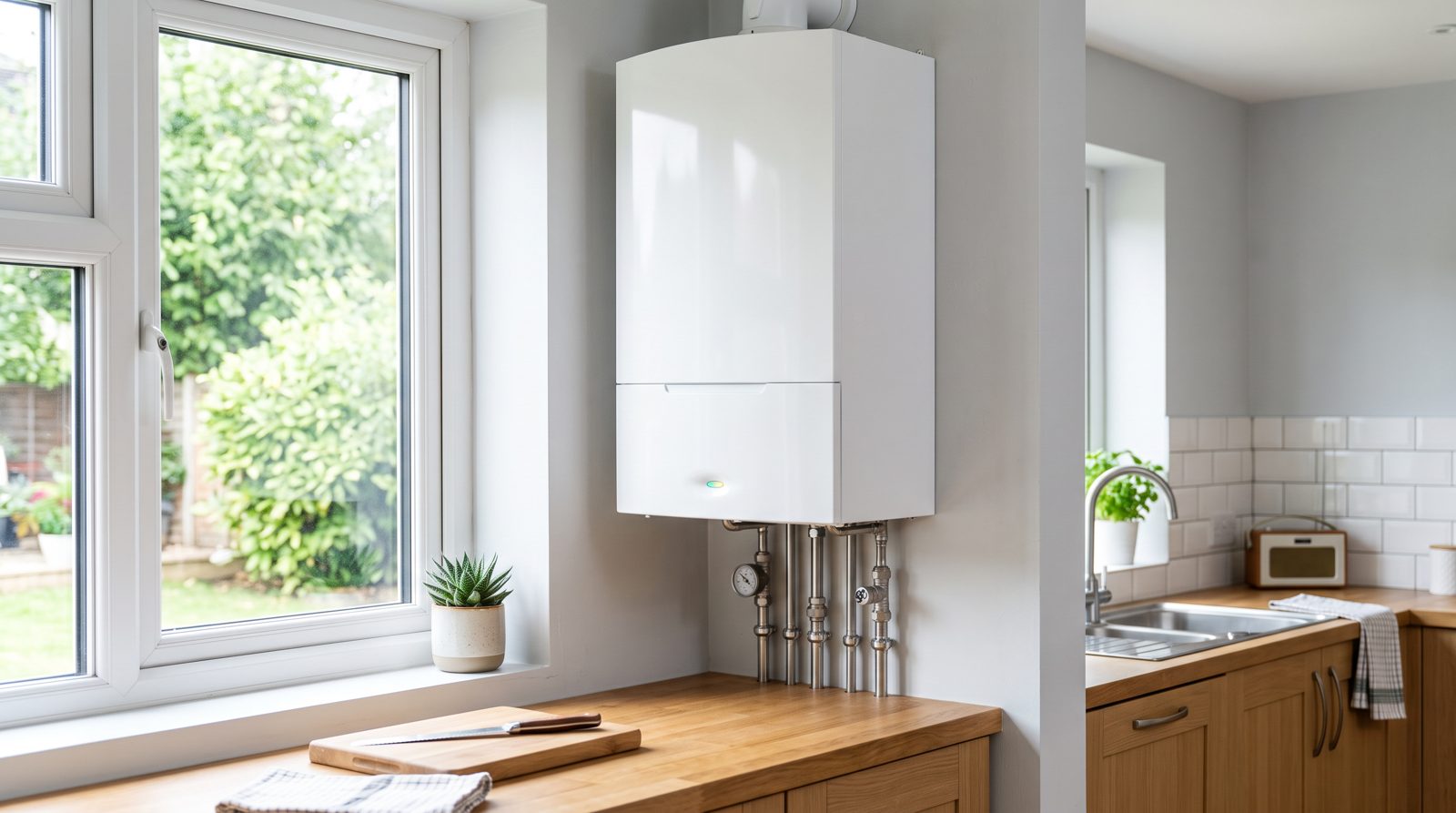Modern combi boiler on a kitchen wall