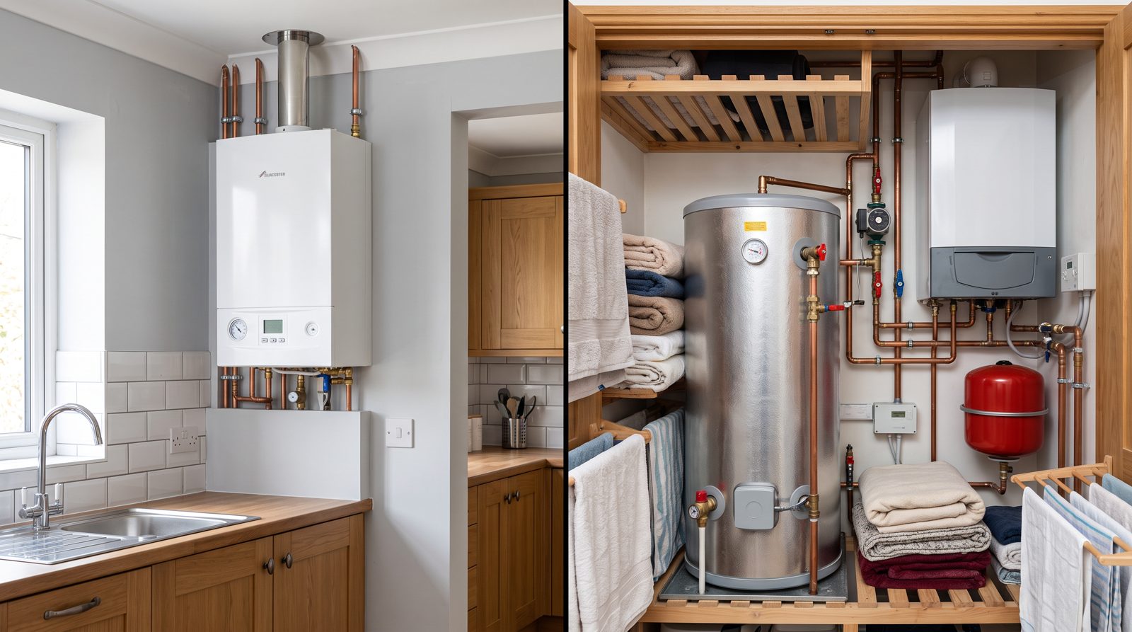 A combi boiler compared with a system boiler and cylinder