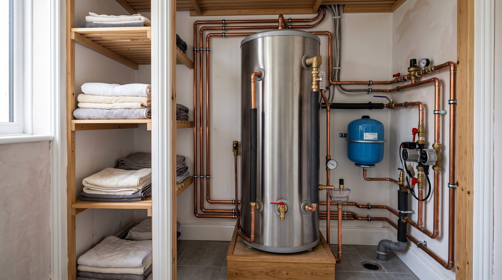 Unvented hot water cylinder in an airing cupboard