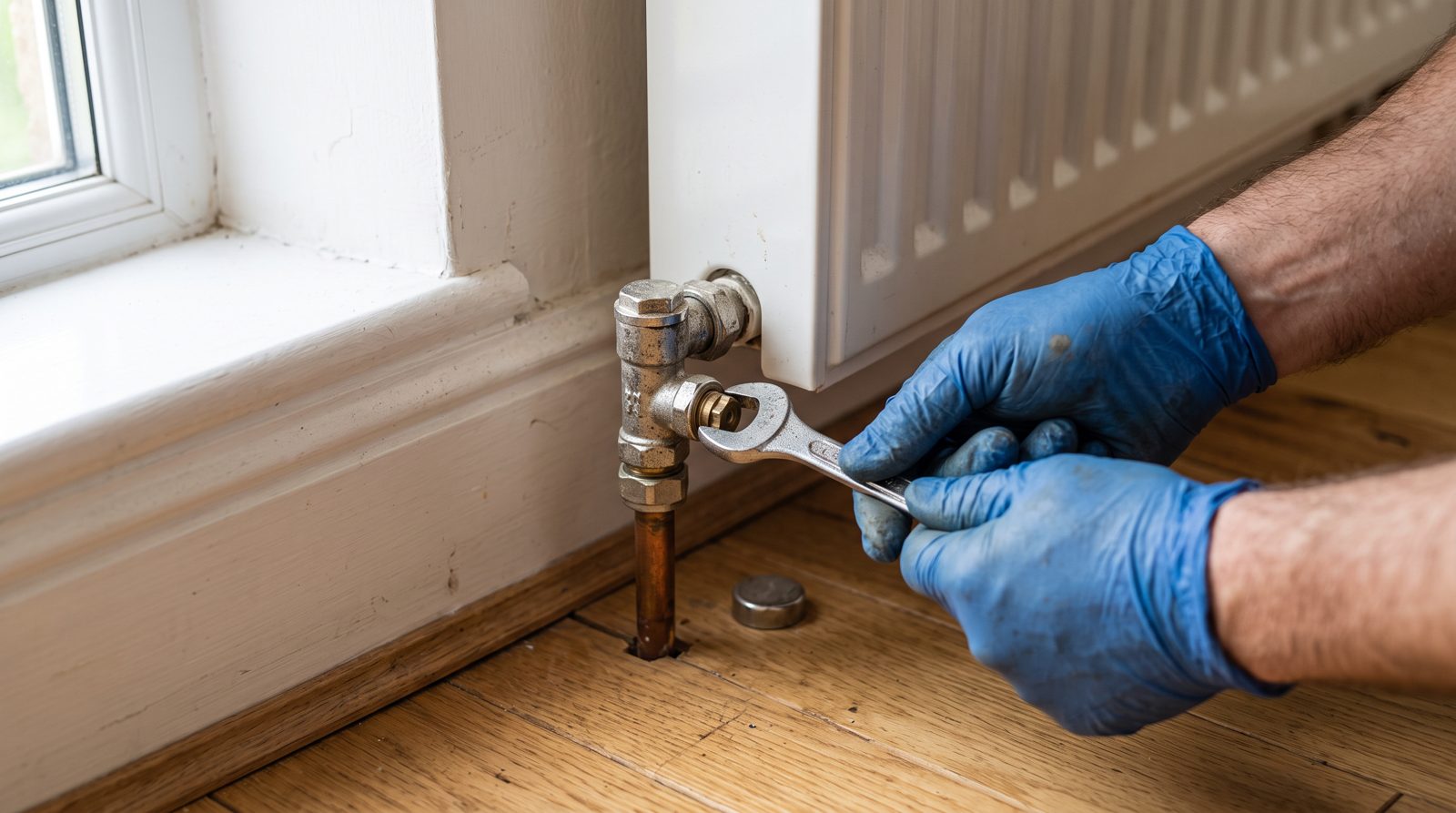 Engineer balancing a radiator during a new boiler installation