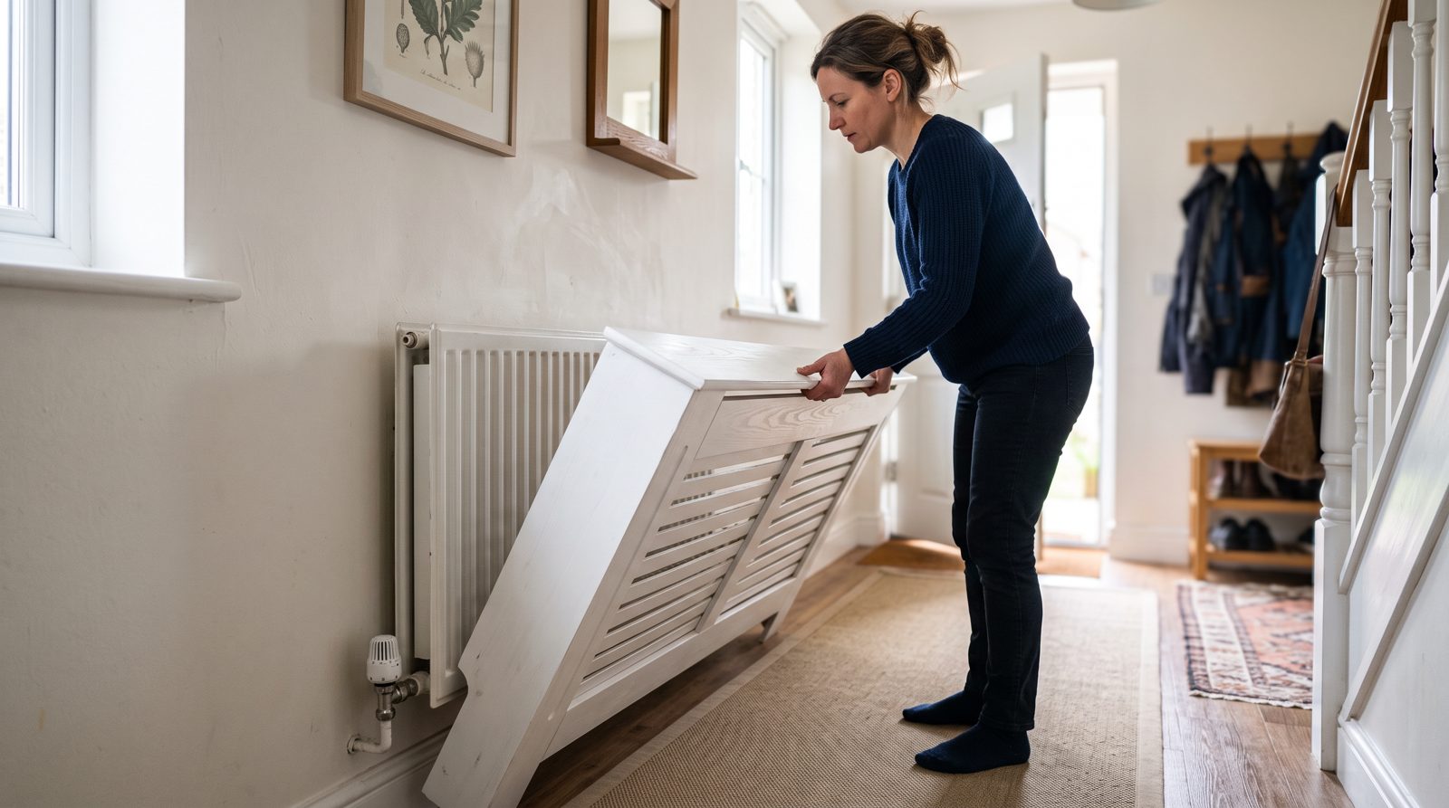 Removing a radiator cover so the installer can reach the valves