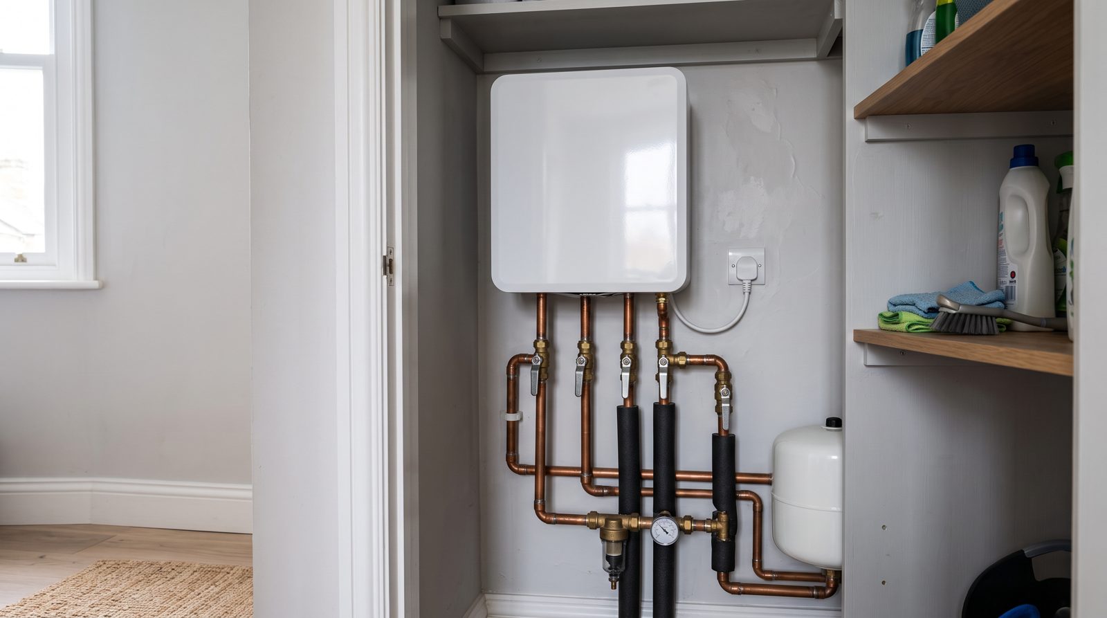 A compact electric boiler installed in an apartment utility area