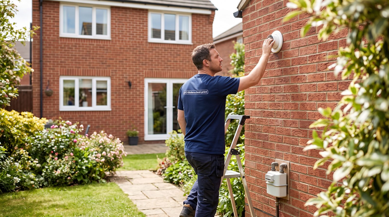 Gas boiler flue terminal being checked on the outside wall of a family home