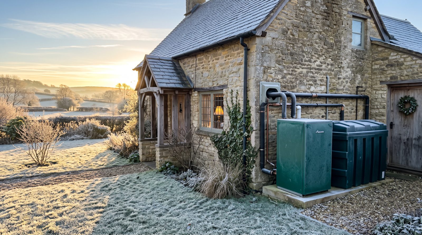 External oil boiler on a frosty winter morning