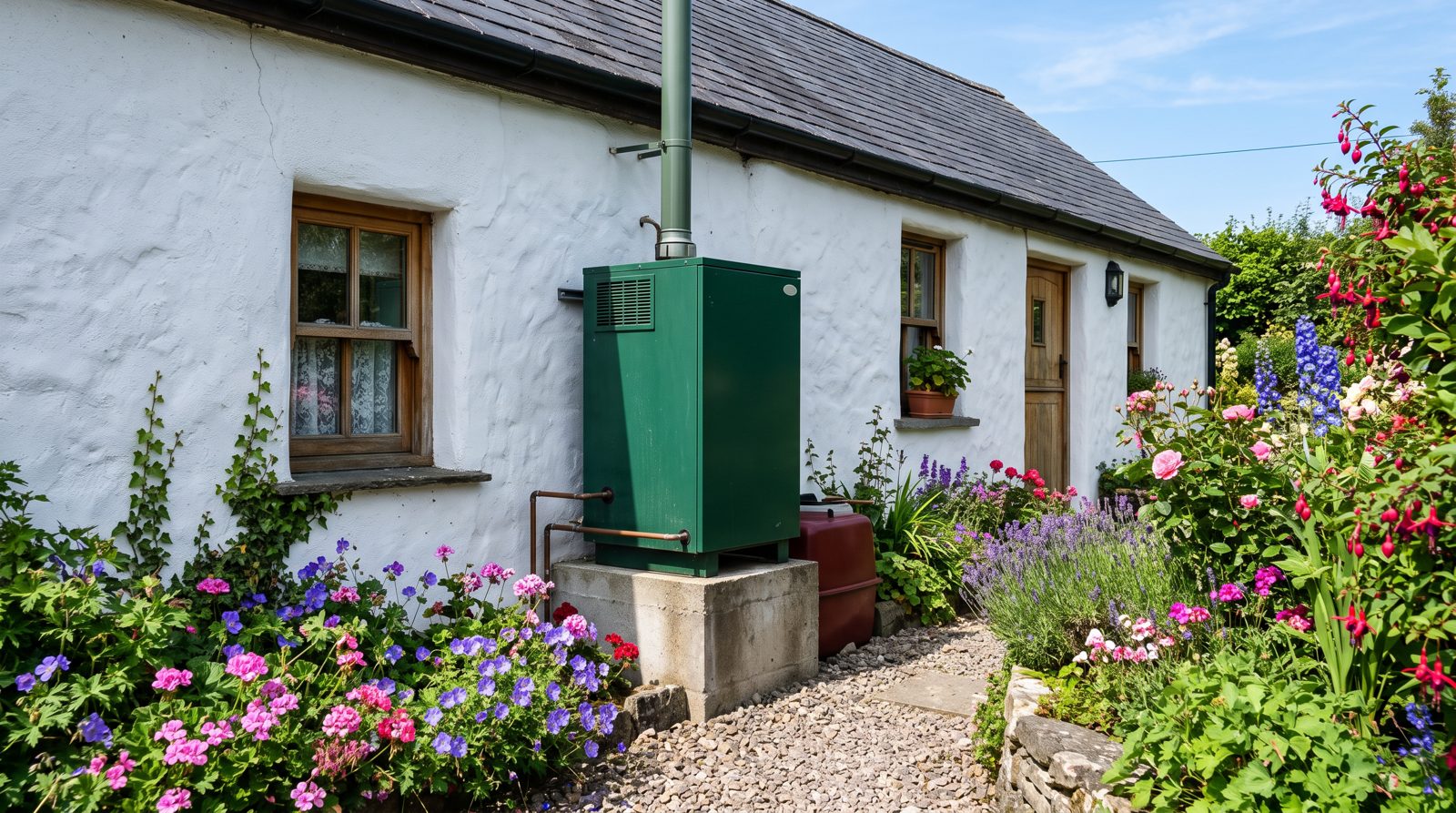 External oil boiler against a rendered cottage wall in sunshine