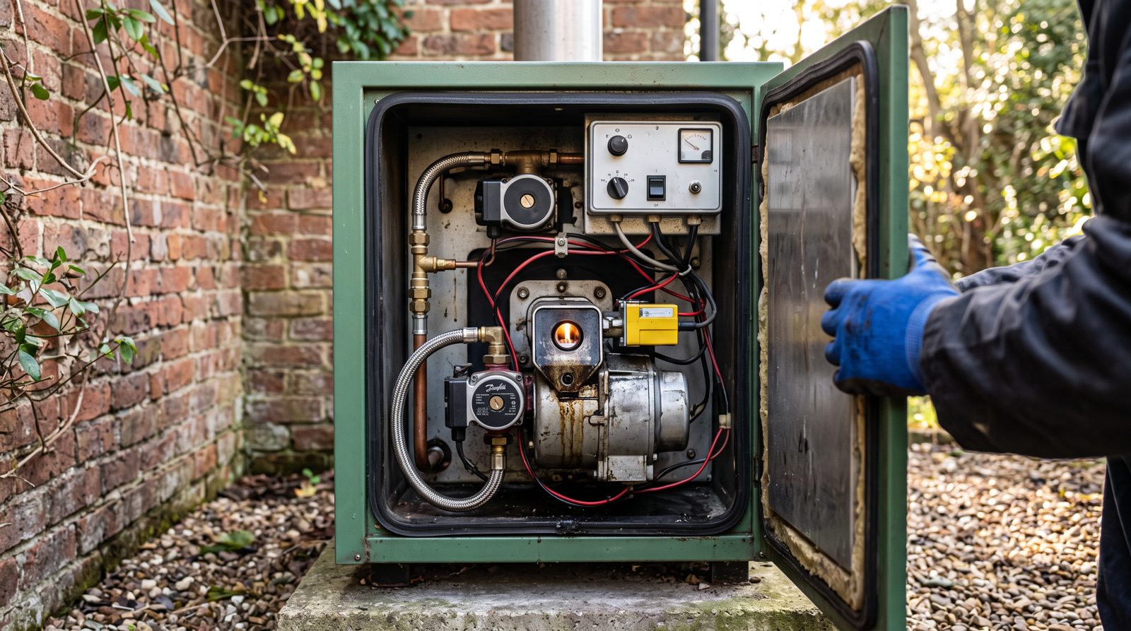 Open casing of an external oil boiler showing the burner