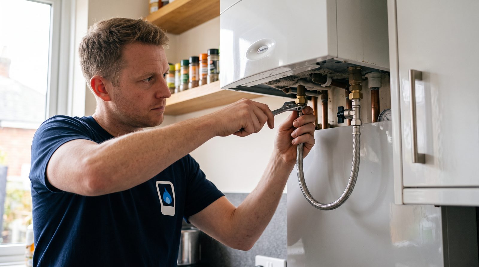 Engineer replacing a filling loop under a combi boiler