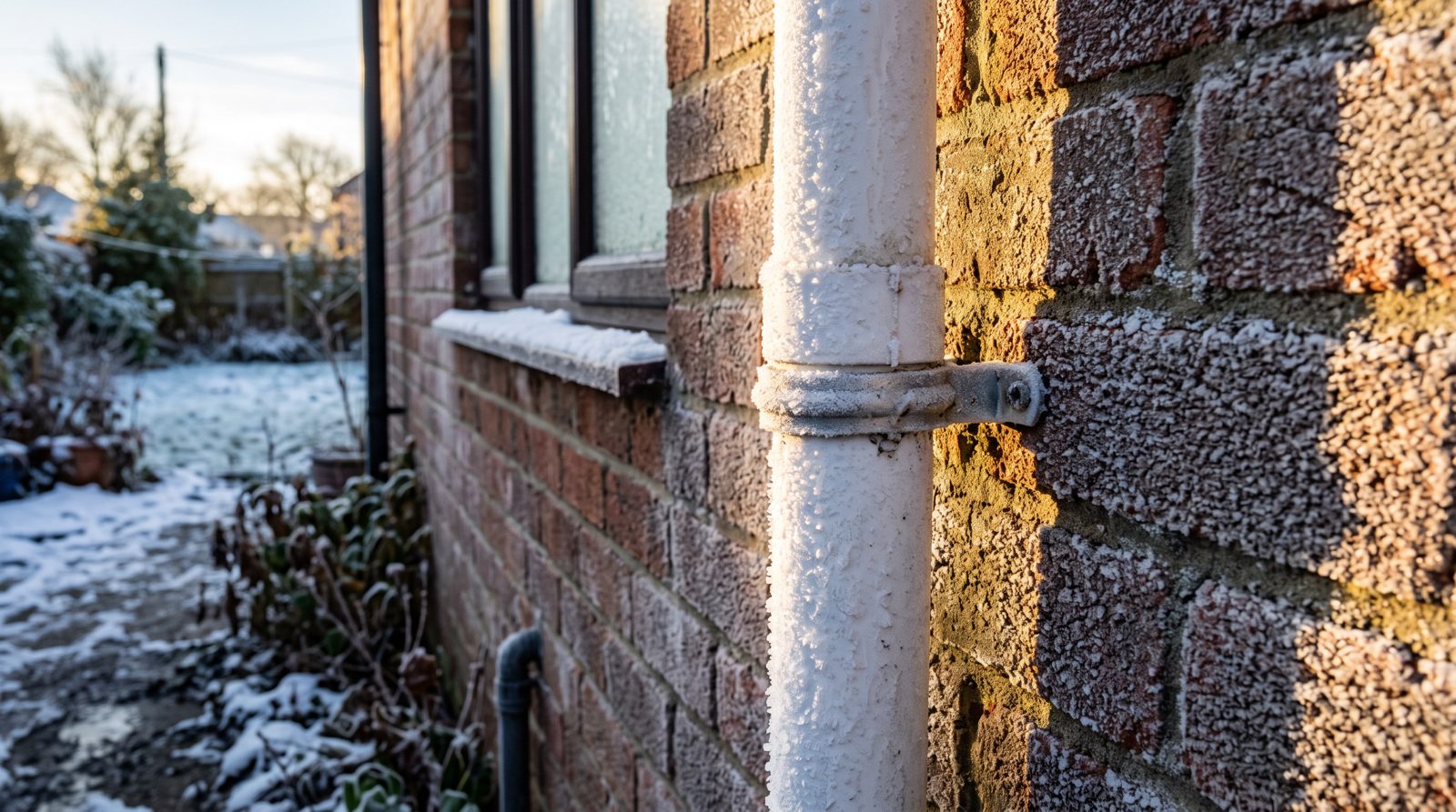 Frozen condensate pipe coated in ice on a winter morning