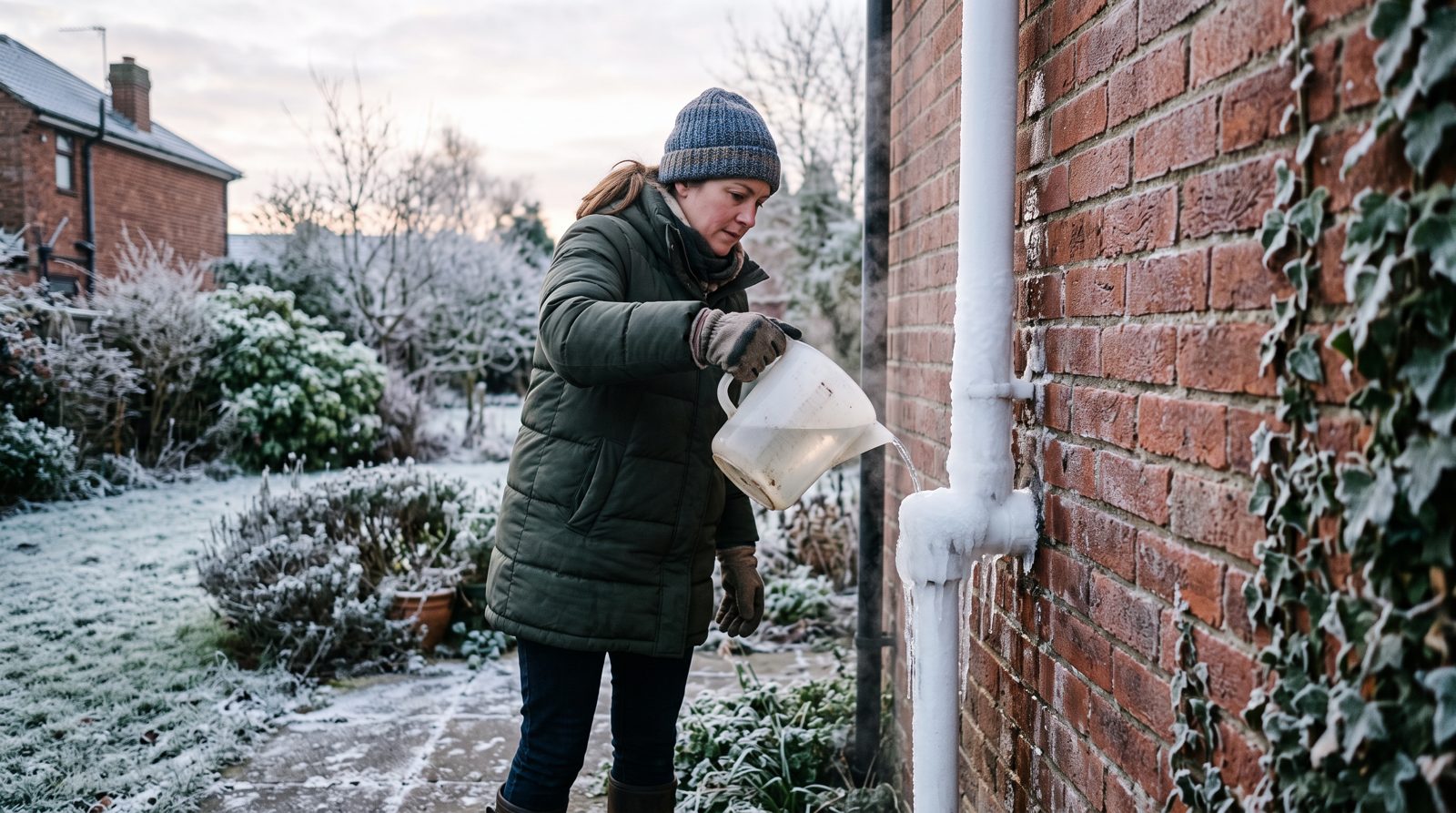Pouring warm water onto a frozen condensate pipe to thaw it