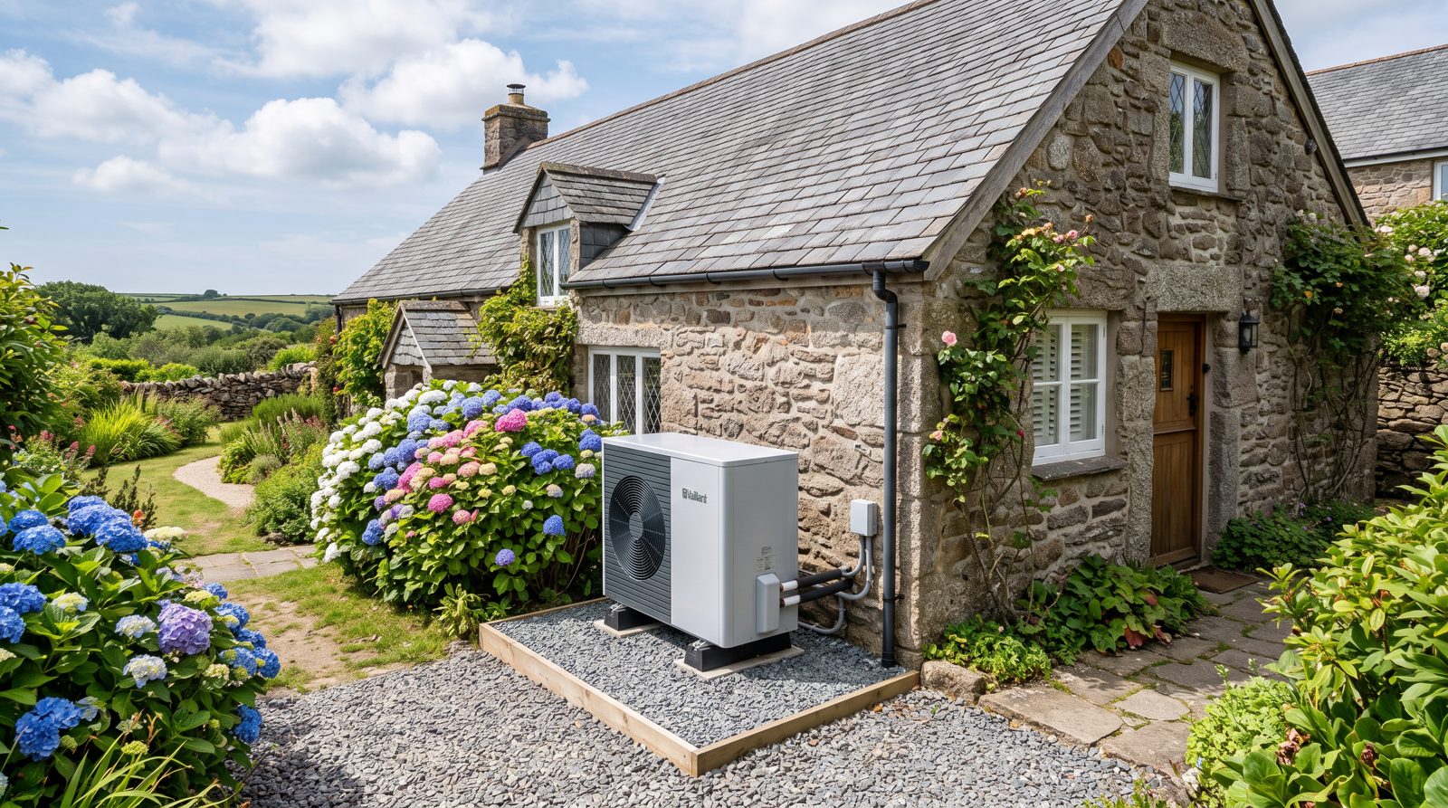 Air source heat pump beside a Cornish stone cottage