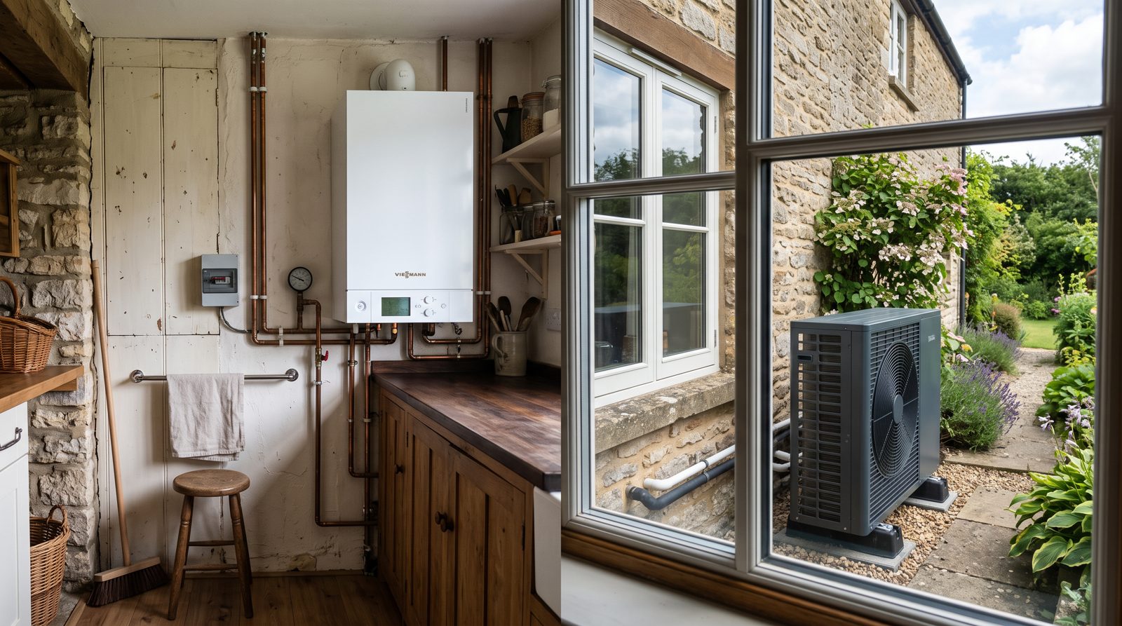 A modern boiler indoors and an air source heat pump outside