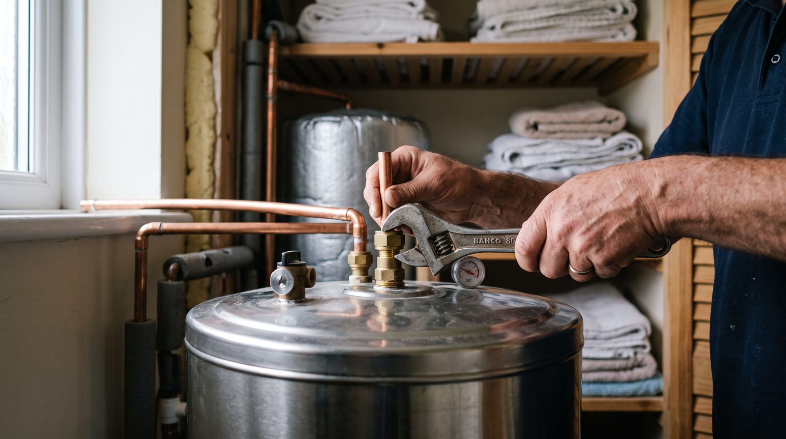 Engineer fitting an unvented hot water cylinder in an airing cupboard