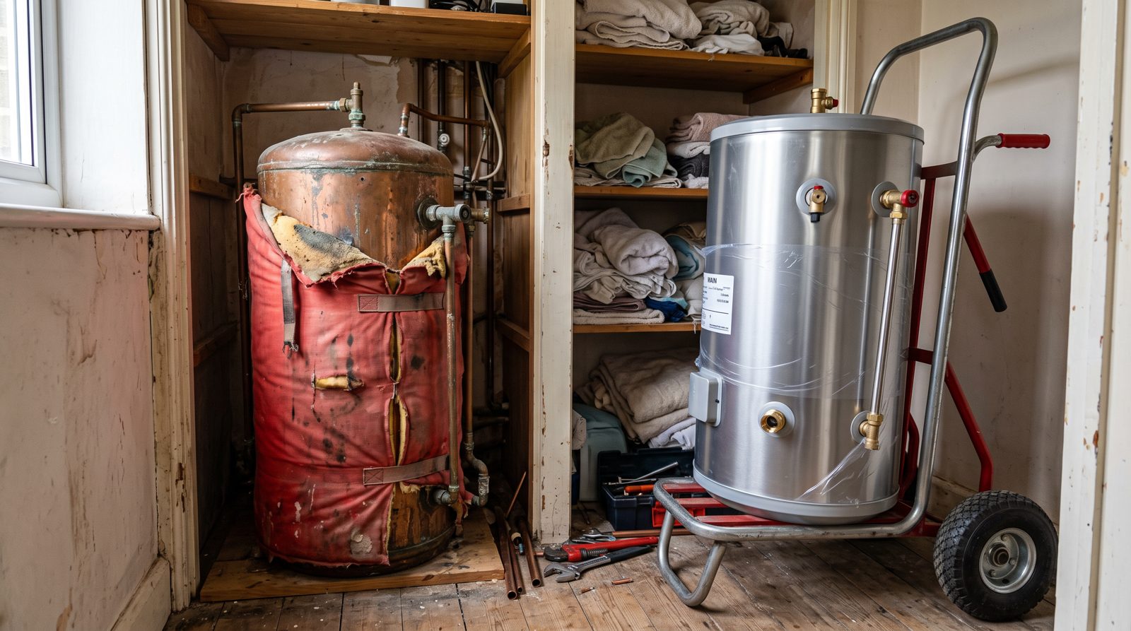 Old copper cylinder next to its stainless steel unvented replacement