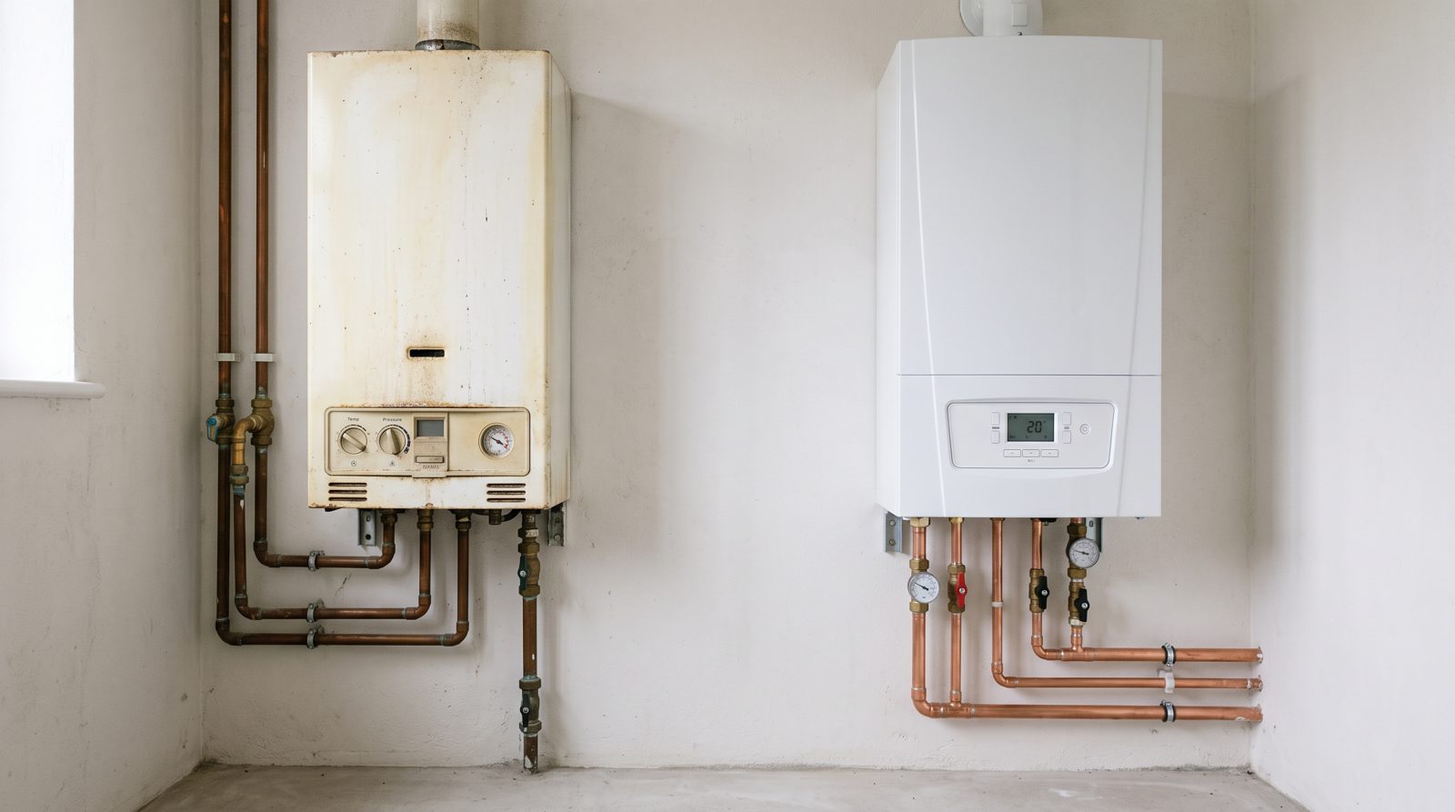 An old yellowed boiler beside a new replacement